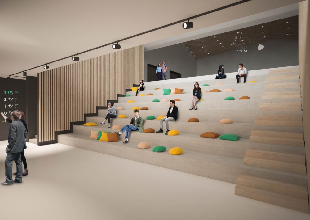 La sala interrata, con seduta a gradoni.